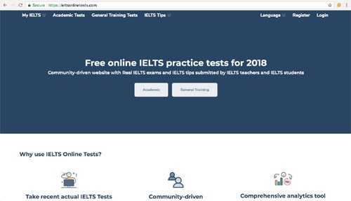 Giao diện trang web ieltsonlinetests.com