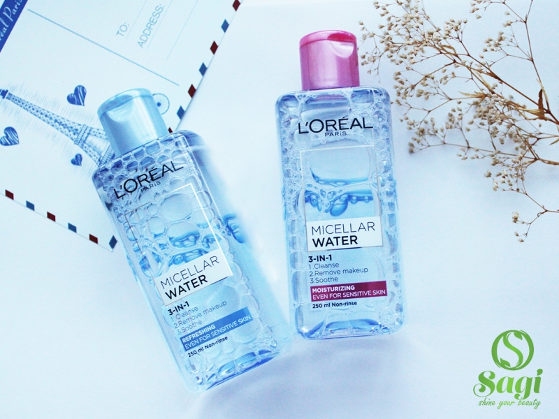 L’Oreal 3 in 1 Micellar Water (Giá gốc: 165.000VNĐ): Em này có hai phiên bản: phiên bản xanh cho da dầu và hồng cho da nhạy cảm. Sản phẩm cũng sử dụng công nghệ Micellar Water đình đám, an toàn, dịu nhẹ và làm sạch sâu da. Cùng với Micellar Water và quá trình nghiên cứu tận tâm của L’Oréal, L’Oréal Micellar Water nổi bật với 3 điểm mạnh tẩy trang, làm sạch sâu và làm mềm mịn da.