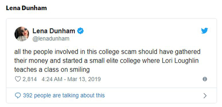 ​ Lời chỉ tr&iacute;ch rất s&acirc;u cay của nữ nghệ sĩ Lena Dunham d&agrave;nh cho người đồng nghiệp Lori Loughlin tr&ecirc;n trang twitter c&aacute; nh&acirc;n của c&ocirc;.