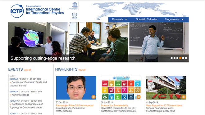 Trang chủ của ICTP công bố GS Phạm Hoàng Hiệp đạt giải thưởng Ramanujan 2019.