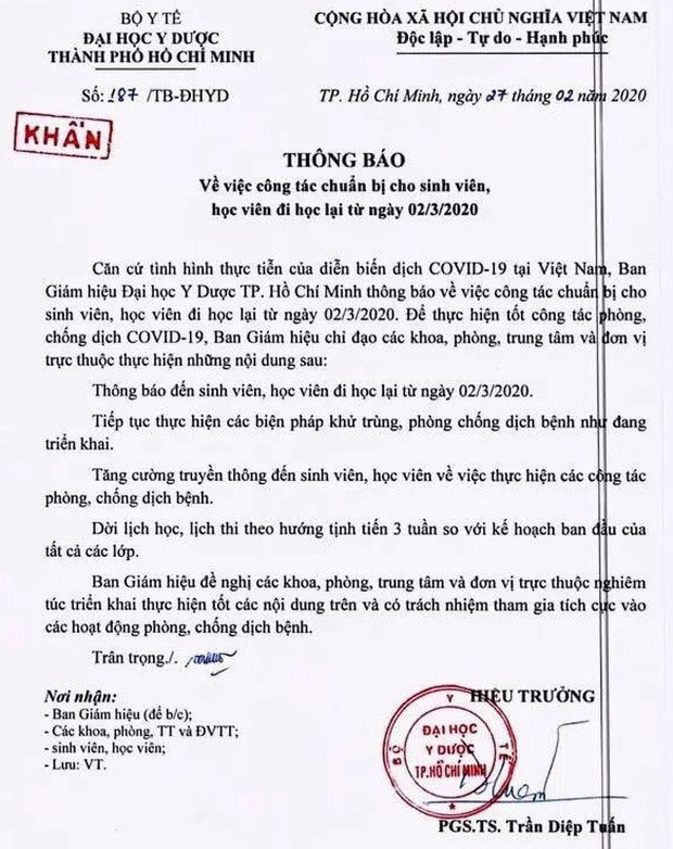 ĐH Y Dược TP.HCM có thông báo khẩn đến toàn bộ sinh viên về thời gian trở lại trường là ngày 2/3.