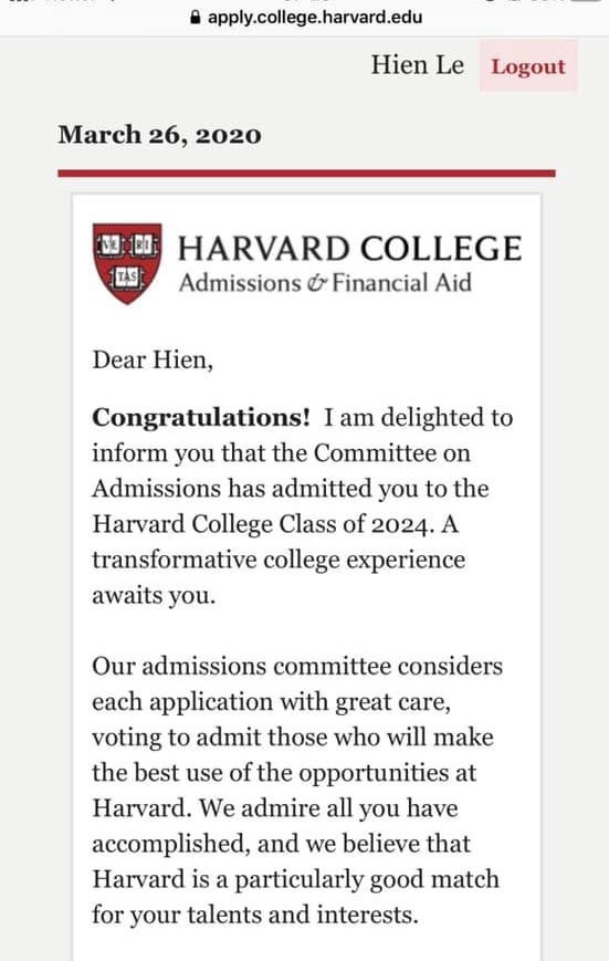 Thư chúc mừng trúng tuyển của ĐH Harvard gửi đến Lê Mỹ Hiền. Ảnh: NVCC.