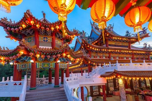 Dusk view of Thean Hou Temple illuminated for the Mid-Autumn festival. Kuala Lumpur, Malaysia.