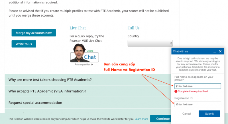 Cung cấp họ tên và registration ID để xác nhận danh tính khi live chat đổi lịch thi PTE