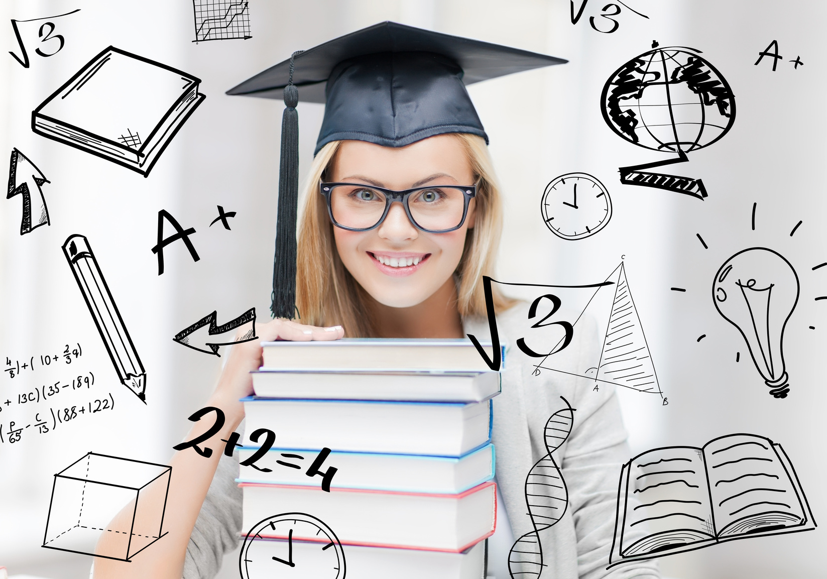 education and university concept - happy student in graduation cap with stack of books and doodles